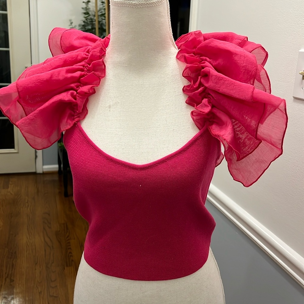 UEC HOT PINK / MAGENTA BACK TIE BOW AND RUFFLE SLEEVES TOP - SIZE SMALL
